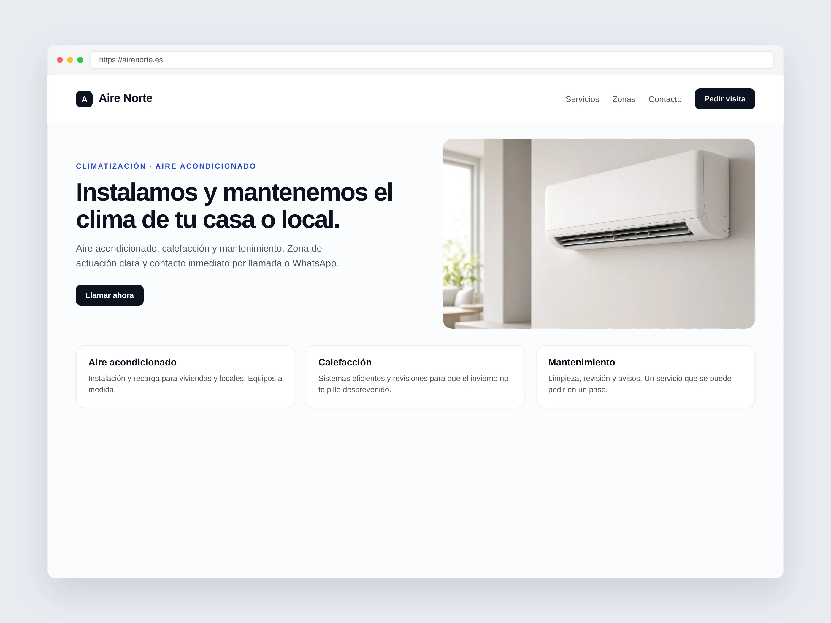 Vista previa de la web Aire Norte: climatización con servicios, zona y contacto a la vista.