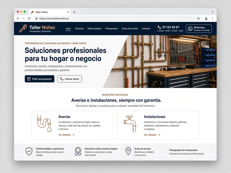 Propuesta de página web para una empresa de fontanería, con una búsqueda de ejemplo superpuesta.